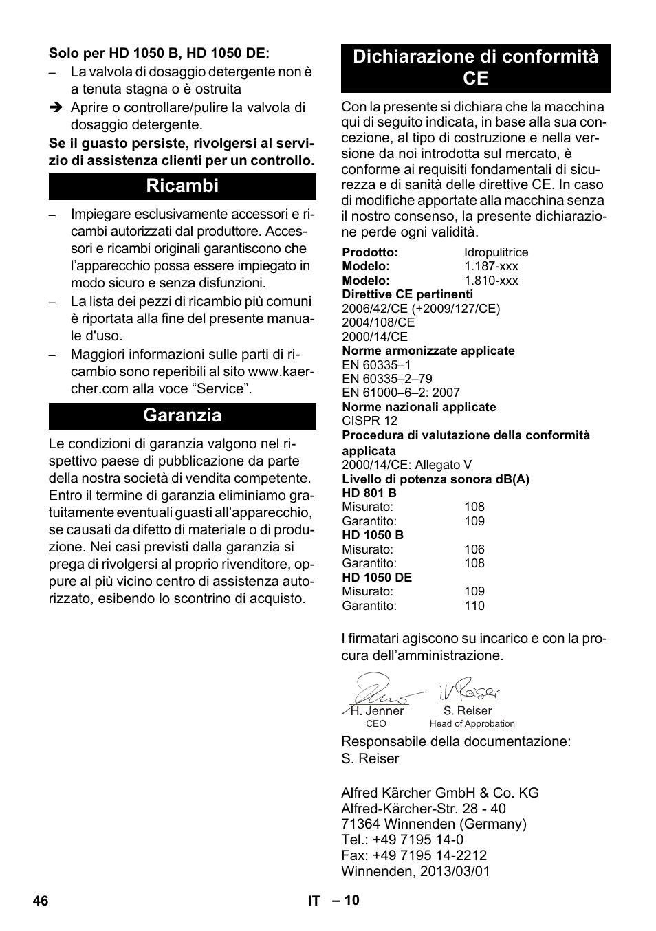 Ricambi garanzia dichiarazione di conformità ce | Karcher HD 1050 De Cage User Manual | Page 46 / 286
