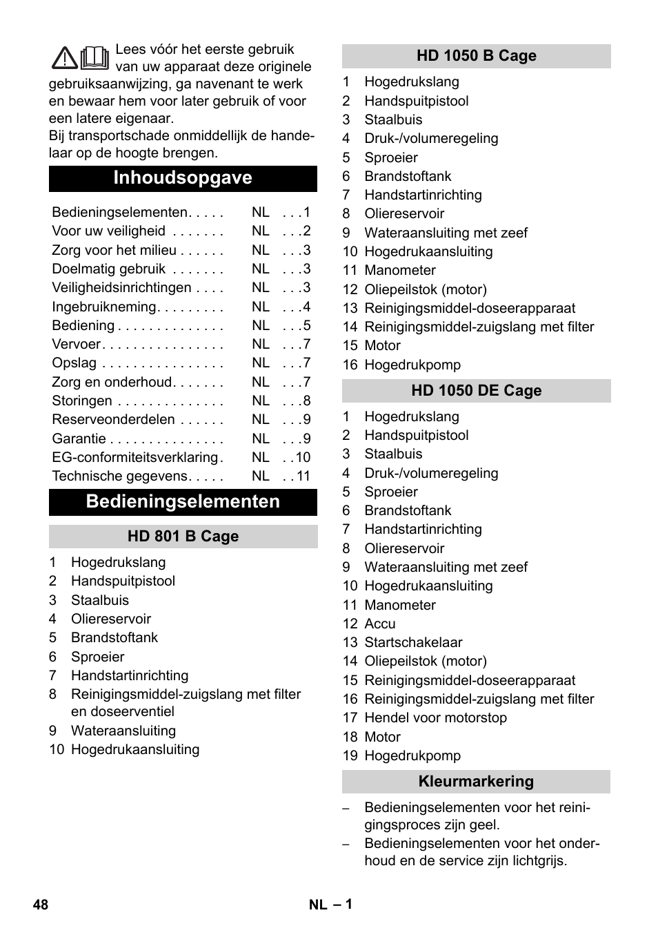 Nederlands, Inhoudsopgave, Bedieningselementen | Karcher HD 1050 De Cage User Manual | Page 48 / 286