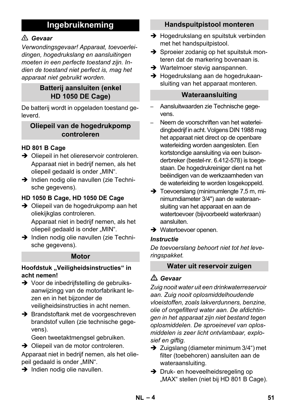 Ingebruikneming | Karcher HD 1050 De Cage User Manual | Page 51 / 286