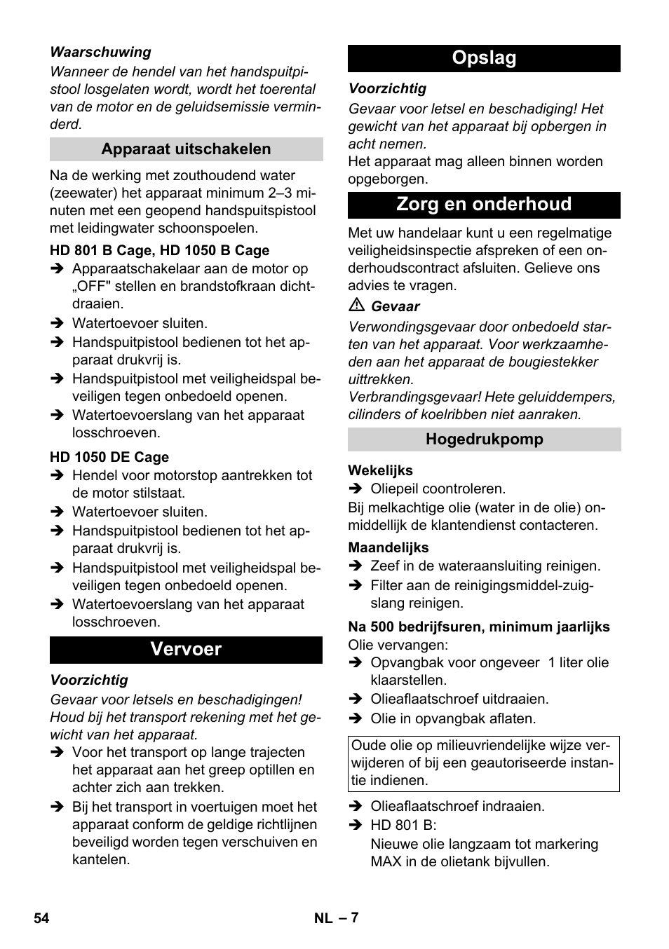Vervoer opslag zorg en onderhoud | Karcher HD 1050 De Cage User Manual | Page 54 / 286