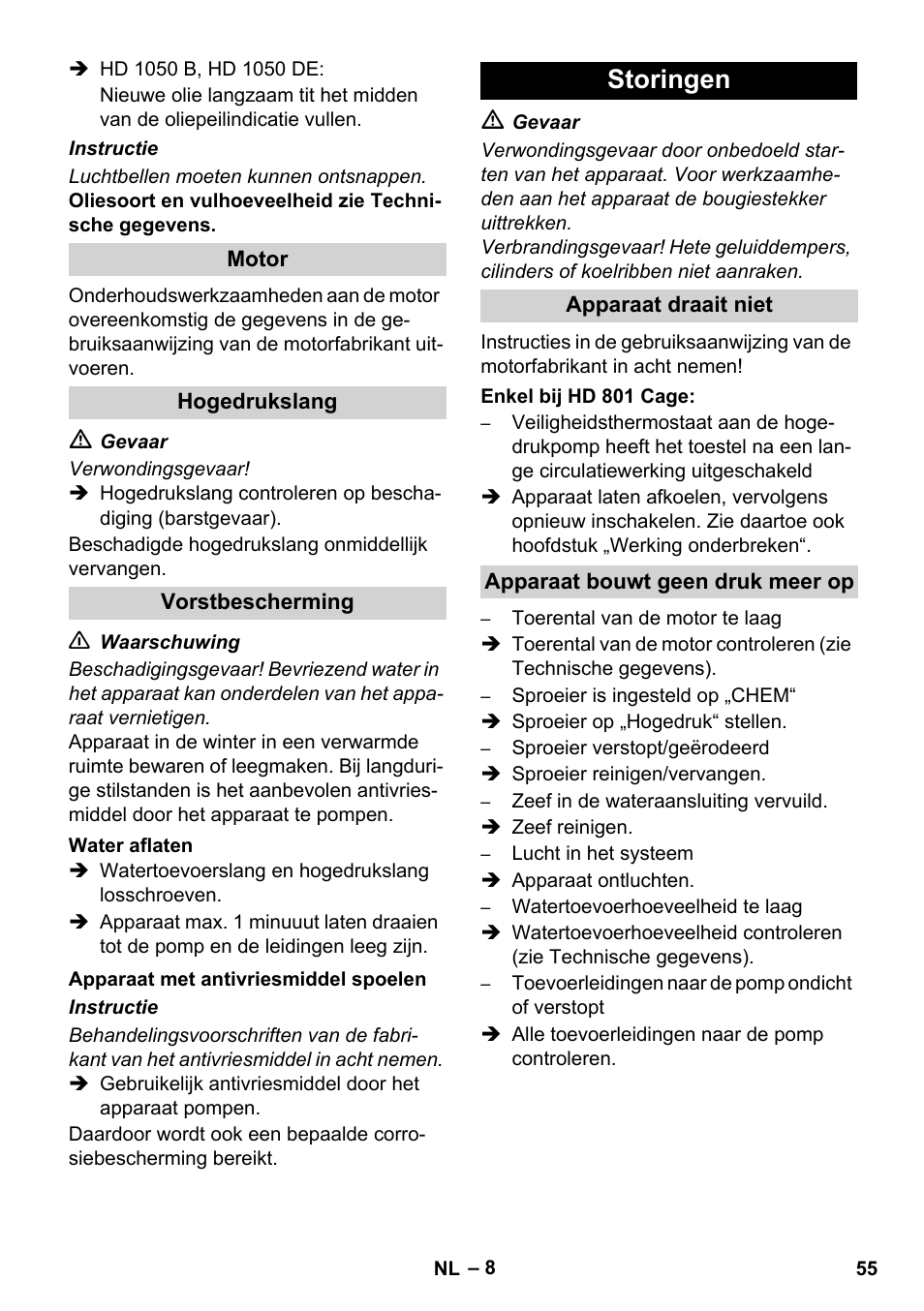 Storingen | Karcher HD 1050 De Cage User Manual | Page 55 / 286