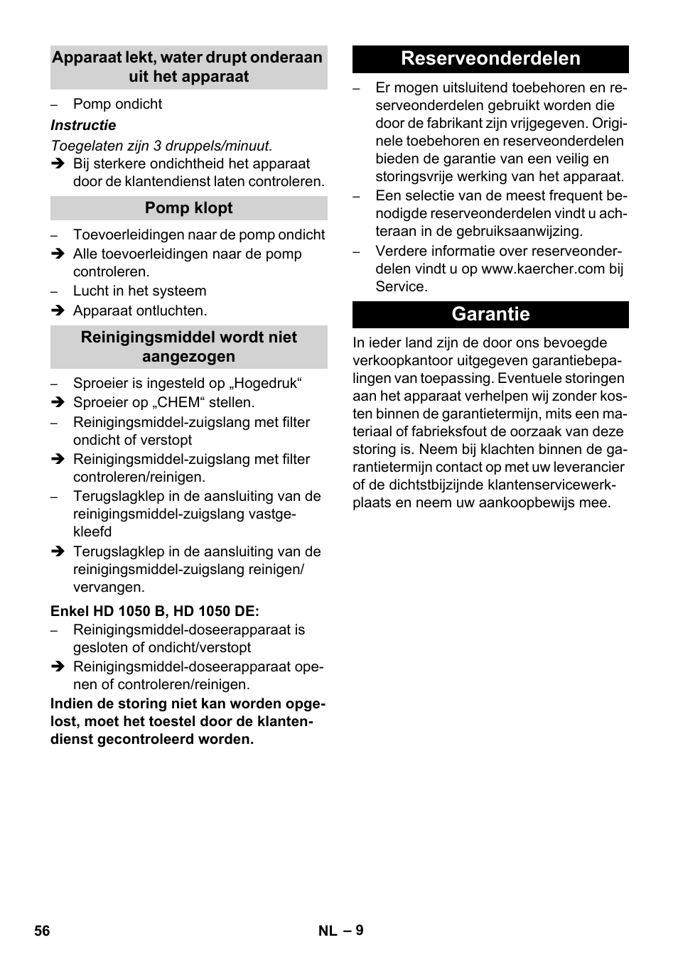 Reserveonderdelen garantie | Karcher HD 1050 De Cage User Manual | Page 56 / 286