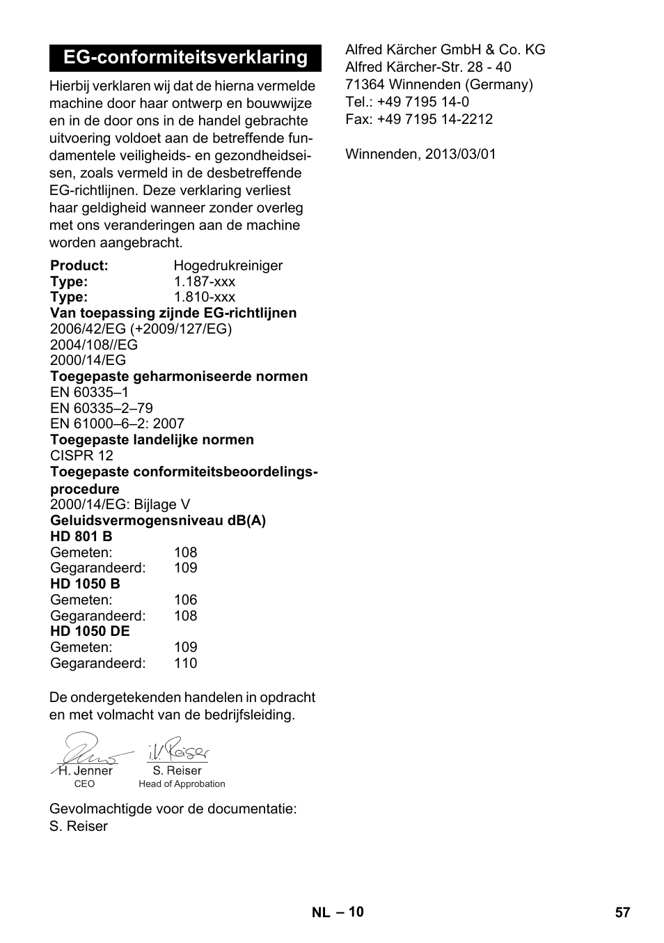Eg-conformiteitsverklaring | Karcher HD 1050 De Cage User Manual | Page 57 / 286