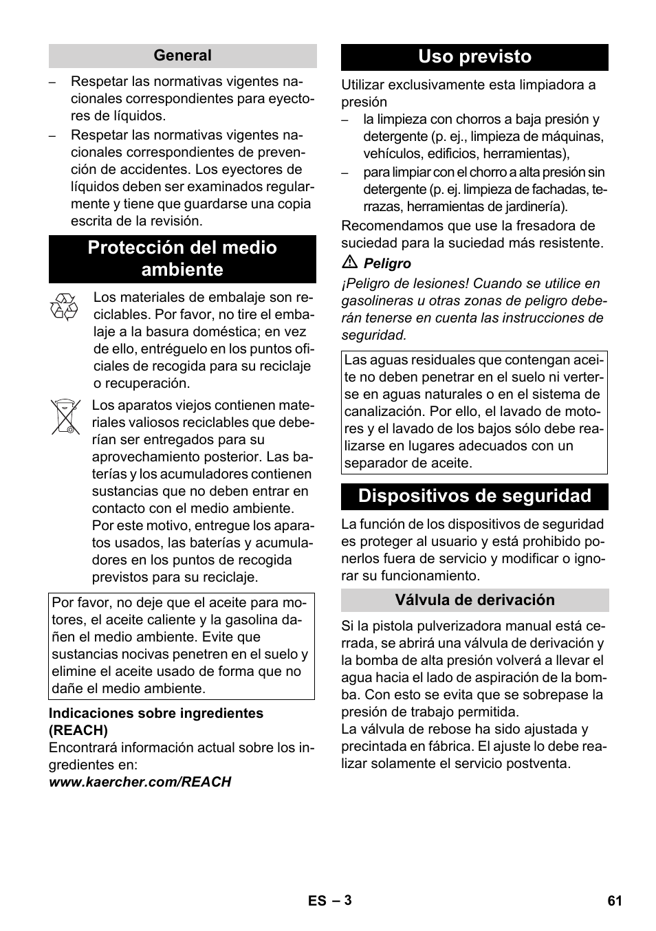 Protección del medio ambiente, Uso previsto, Dispositivos de seguridad | Karcher HD 1050 De Cage User Manual | Page 61 / 286