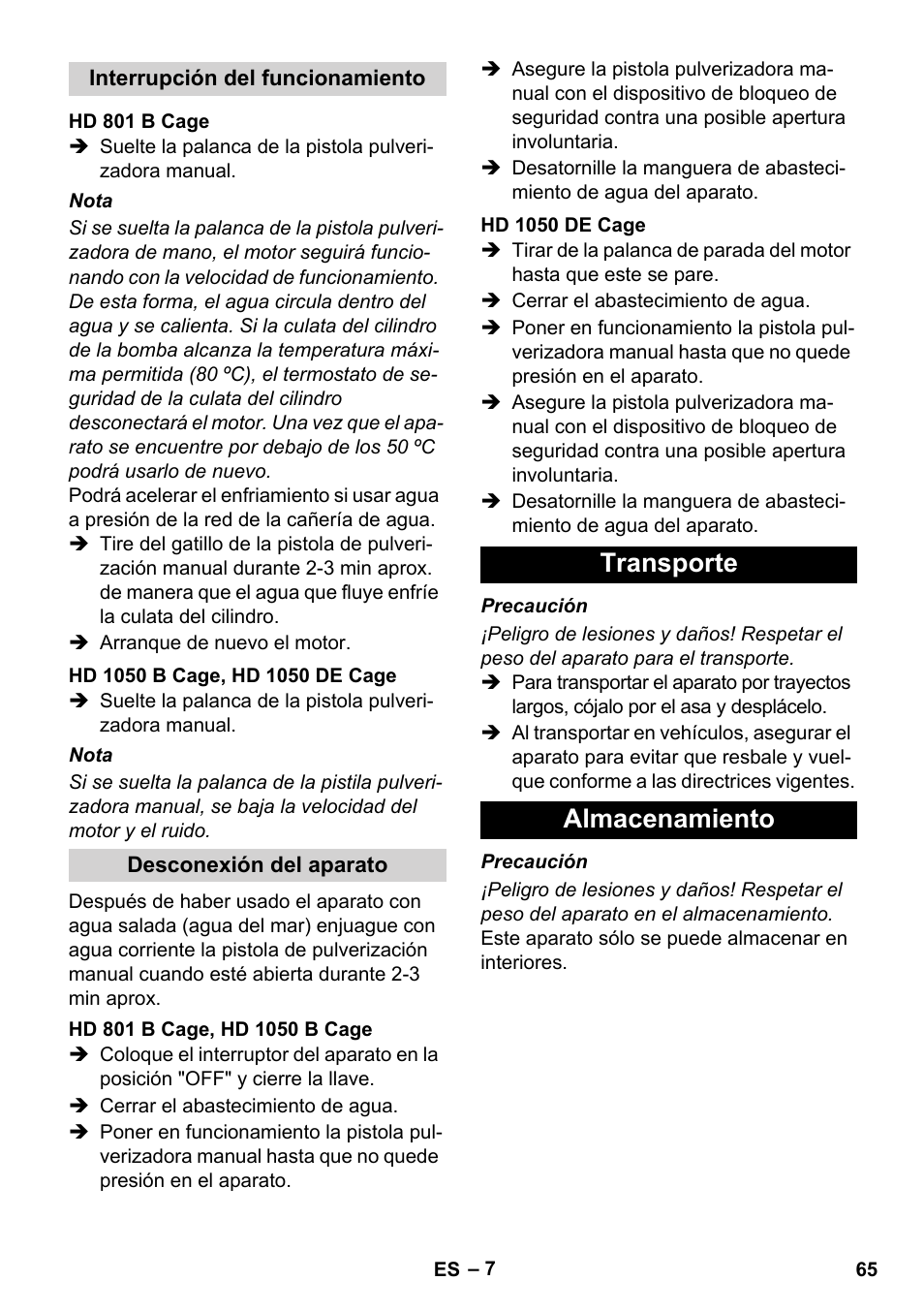 Transporte almacenamiento | Karcher HD 1050 De Cage User Manual | Page 65 / 286