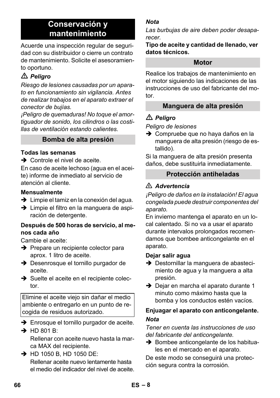 Conservación y mantenimiento | Karcher HD 1050 De Cage User Manual | Page 66 / 286