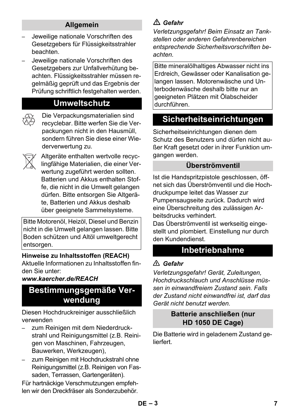 Umweltschutz, Bestimmungsgemäße ver- wendung, Sicherheitseinrichtungen | Inbetriebnahme | Karcher HD 1050 De Cage User Manual | Page 7 / 286