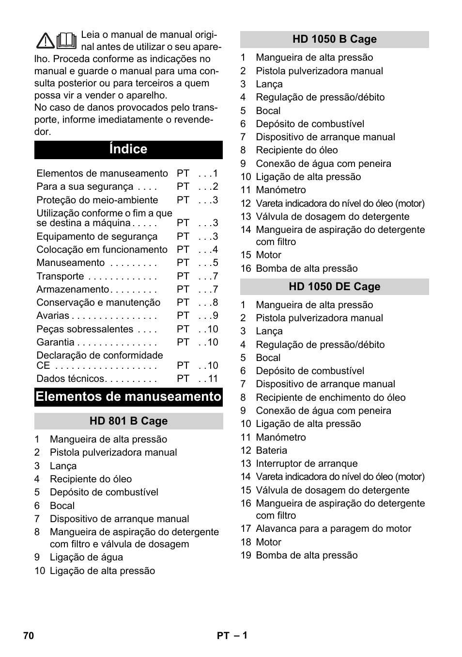 Português, Índice, Elementos de manuseamento | Karcher HD 1050 De Cage User Manual | Page 70 / 286