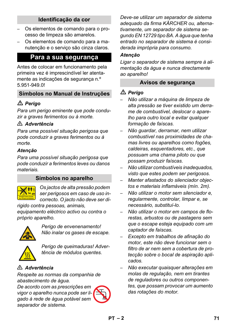 Para a sua segurança | Karcher HD 1050 De Cage User Manual | Page 71 / 286
