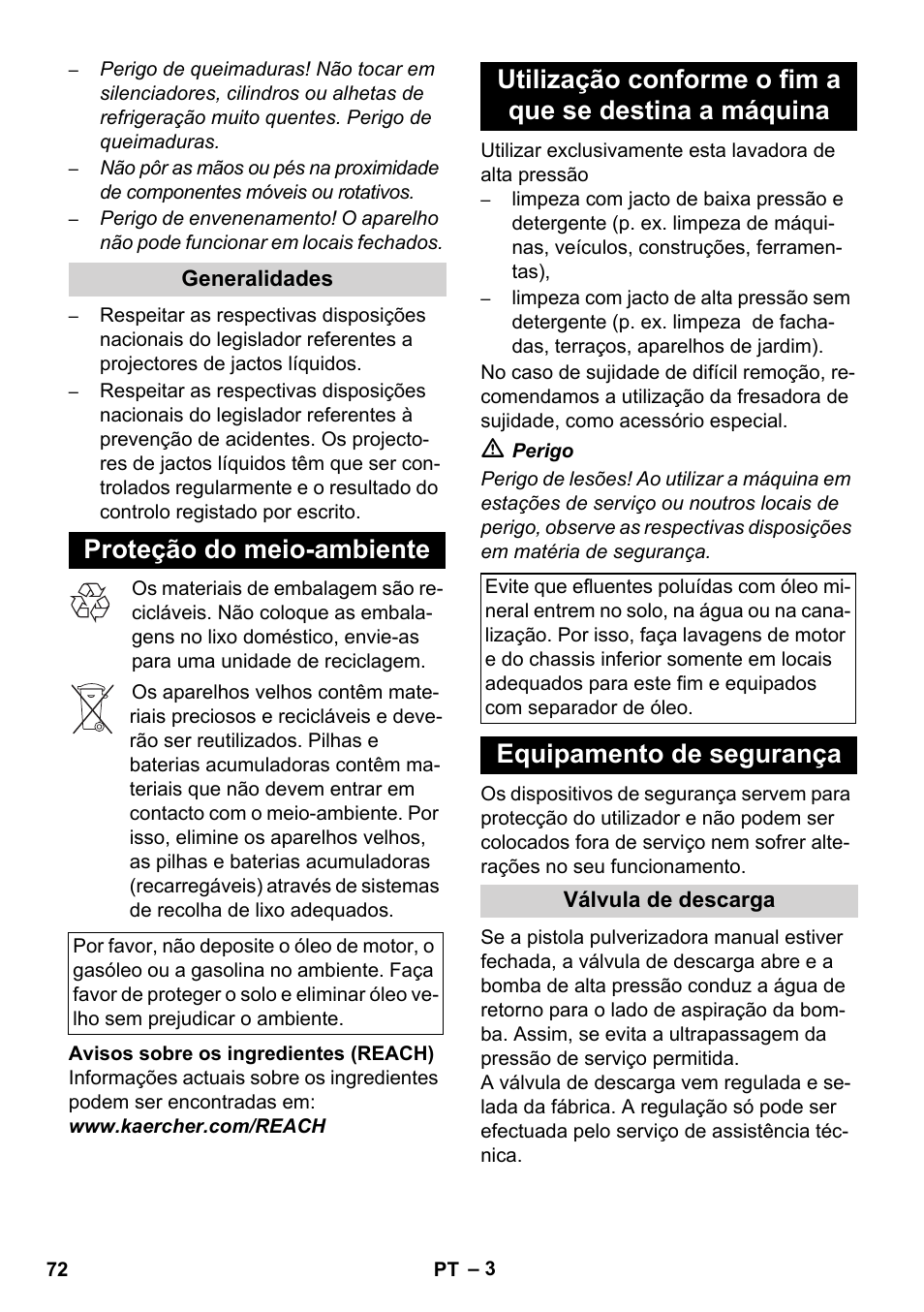 Proteção do meio-ambiente, Equipamento de segurança | Karcher HD 1050 De Cage User Manual | Page 72 / 286