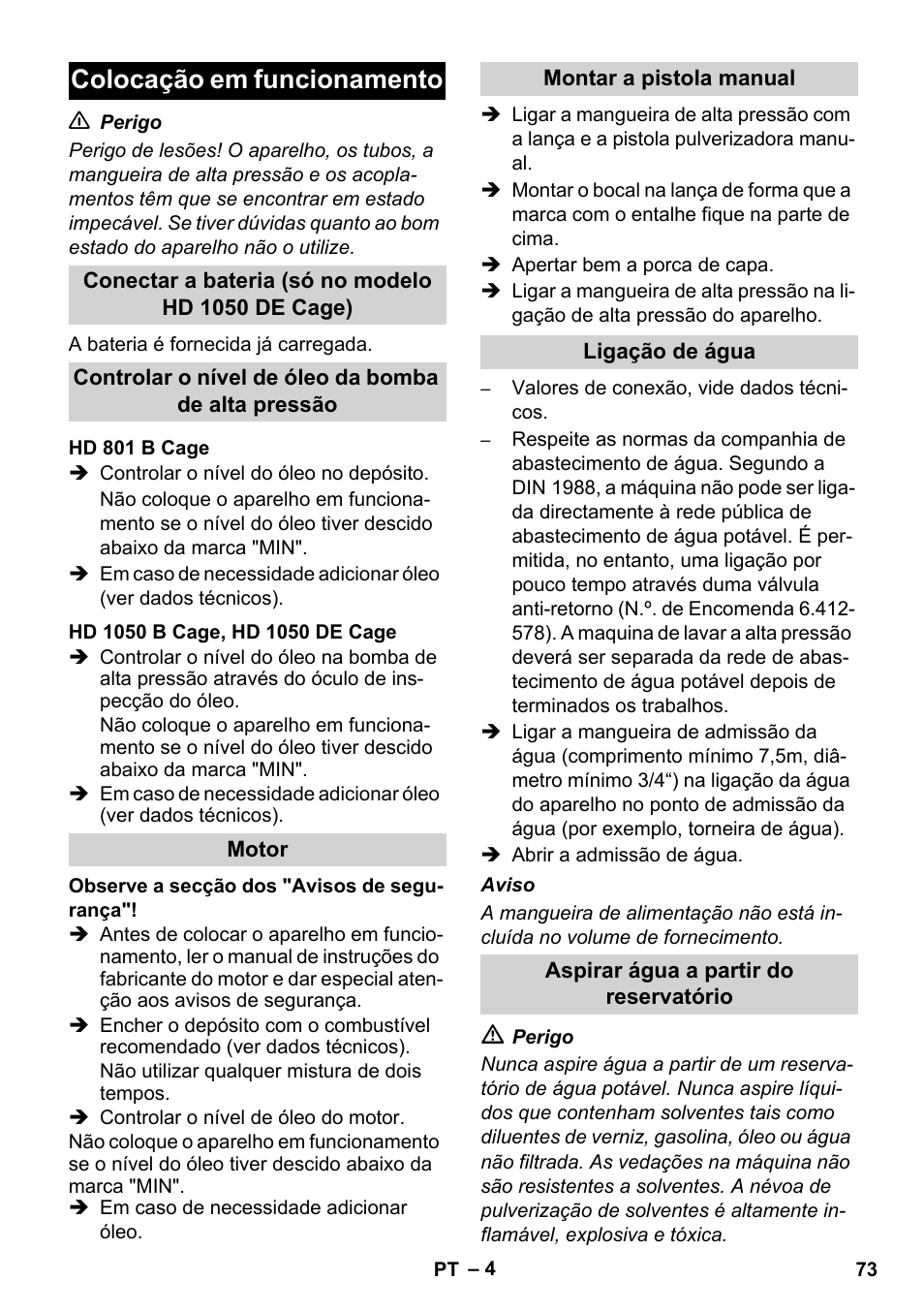 Colocação em funcionamento | Karcher HD 1050 De Cage User Manual | Page 73 / 286