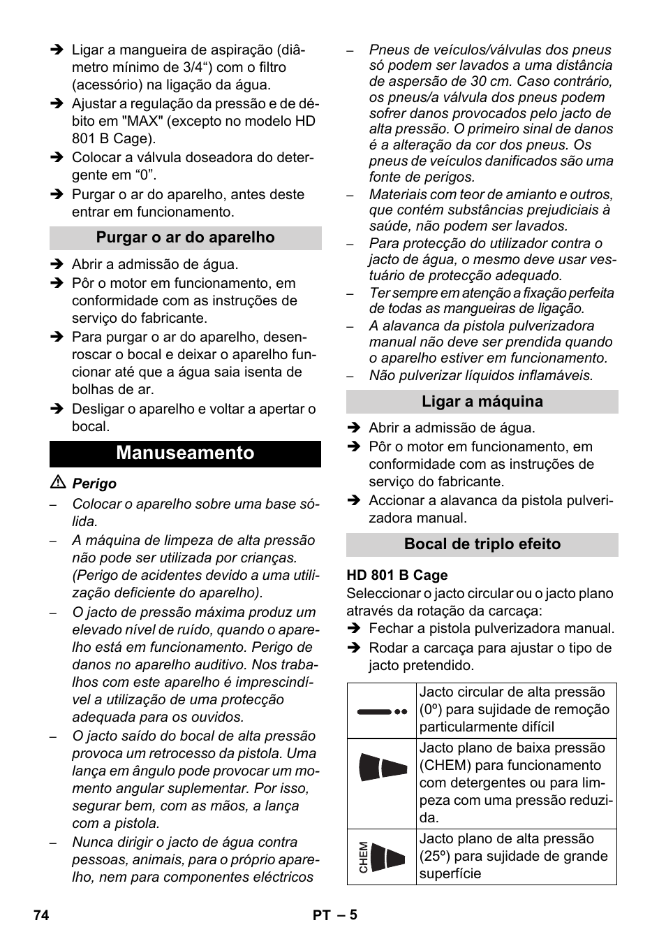 Manuseamento | Karcher HD 1050 De Cage User Manual | Page 74 / 286