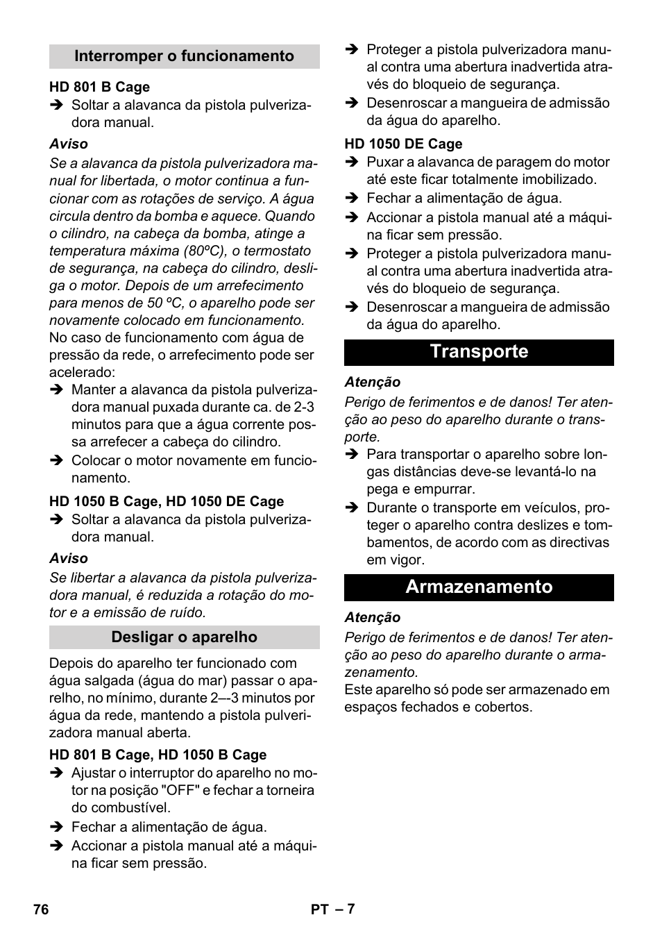 Transporte armazenamento | Karcher HD 1050 De Cage User Manual | Page 76 / 286