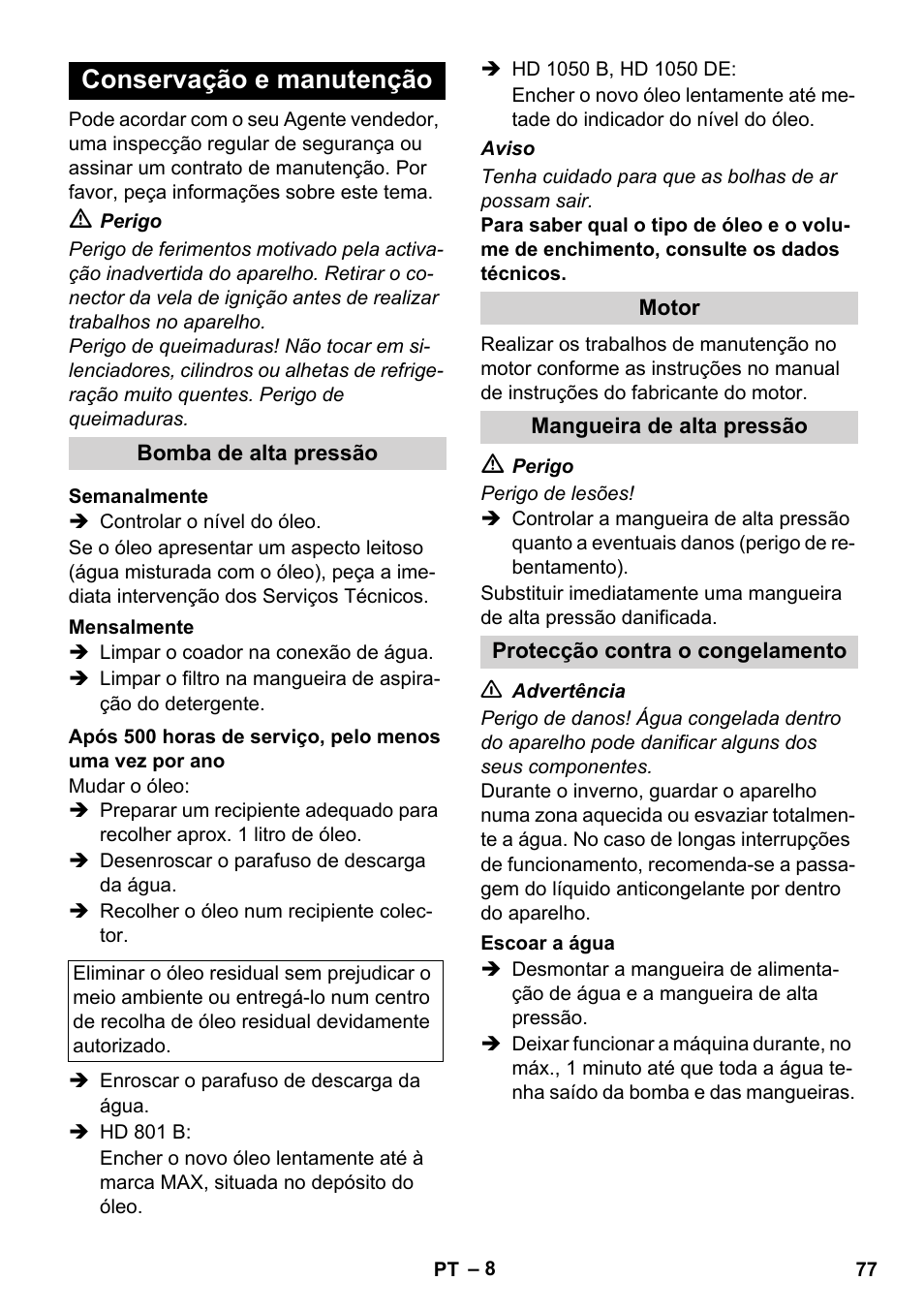 Conservação e manutenção | Karcher HD 1050 De Cage User Manual | Page 77 / 286