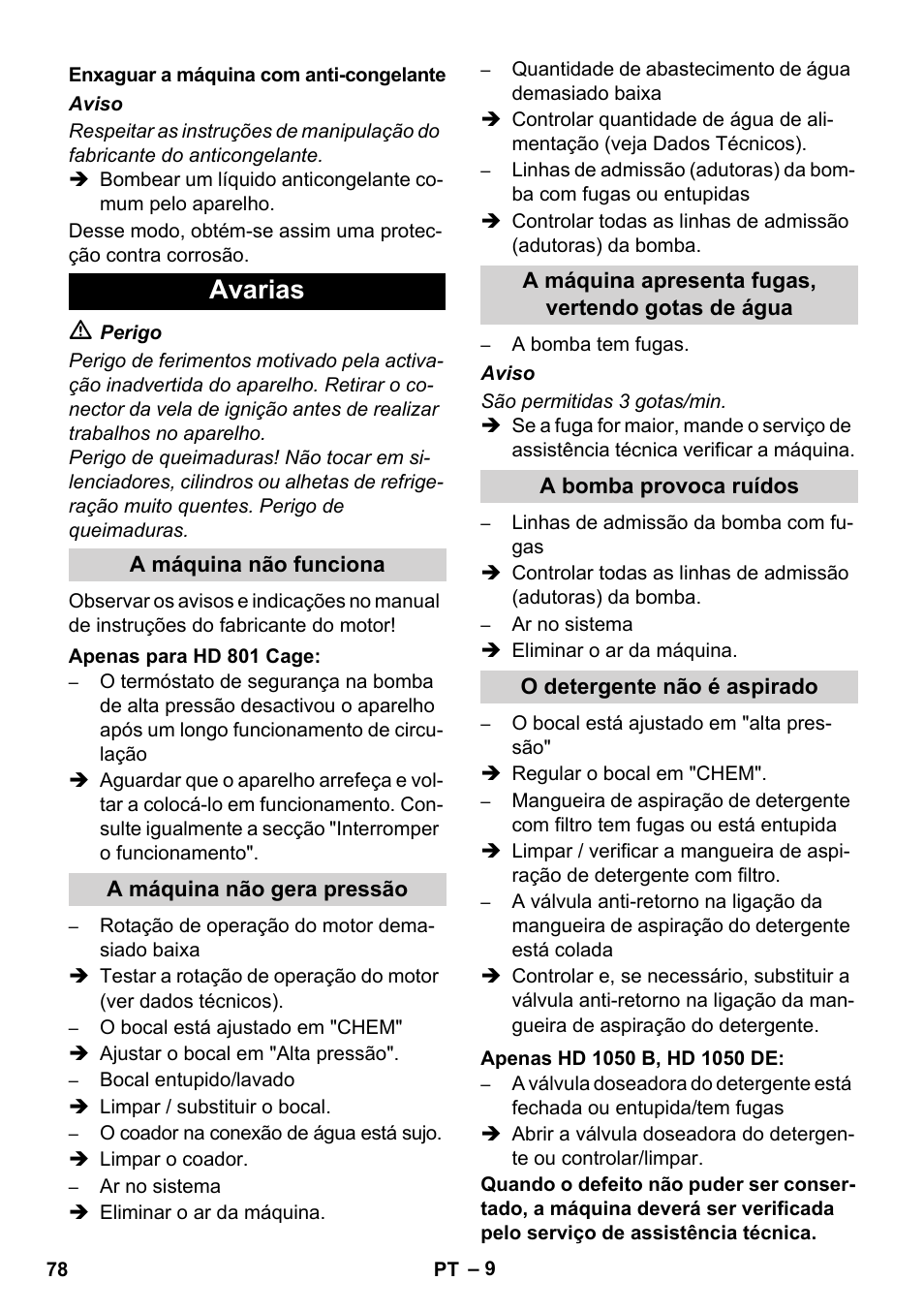 Avarias | Karcher HD 1050 De Cage User Manual | Page 78 / 286