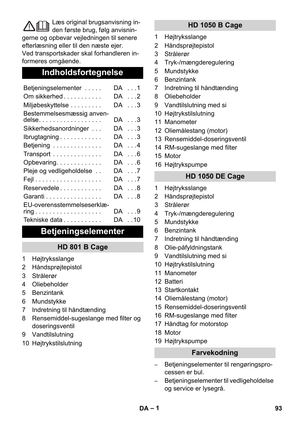Dansk, Indholdsfortegnelse, Betjeningselementer | Karcher HD 1050 De Cage User Manual | Page 93 / 286