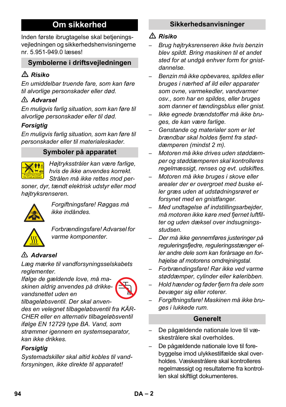 Om sikkerhed | Karcher HD 1050 De Cage User Manual | Page 94 / 286