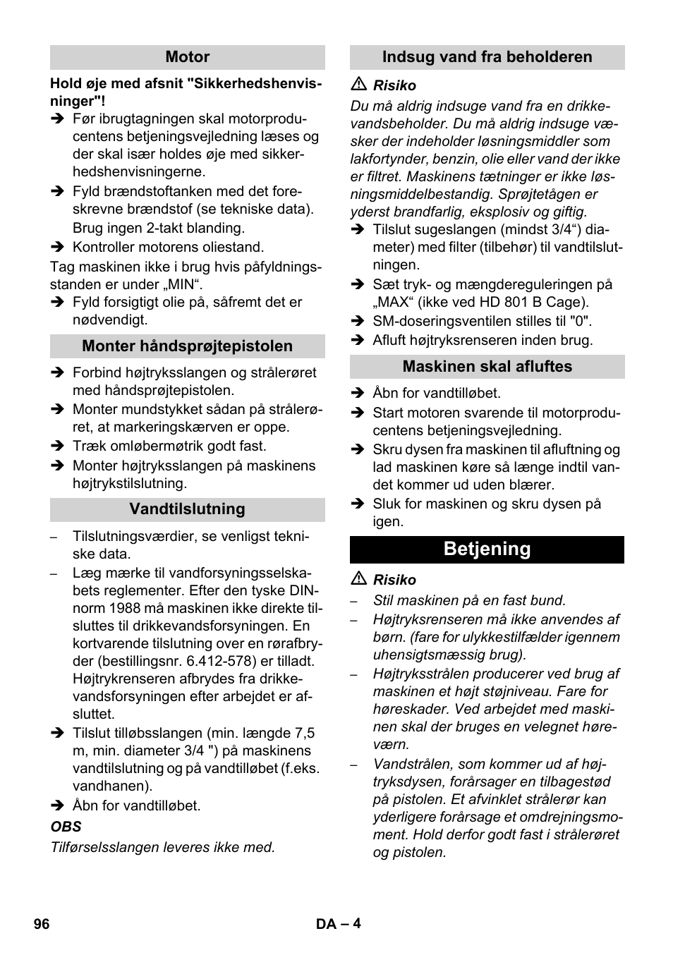Betjening | Karcher HD 1050 De Cage User Manual | Page 96 / 286