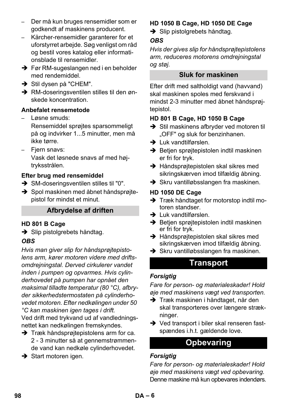 Transport opbevaring | Karcher HD 1050 De Cage User Manual | Page 98 / 286