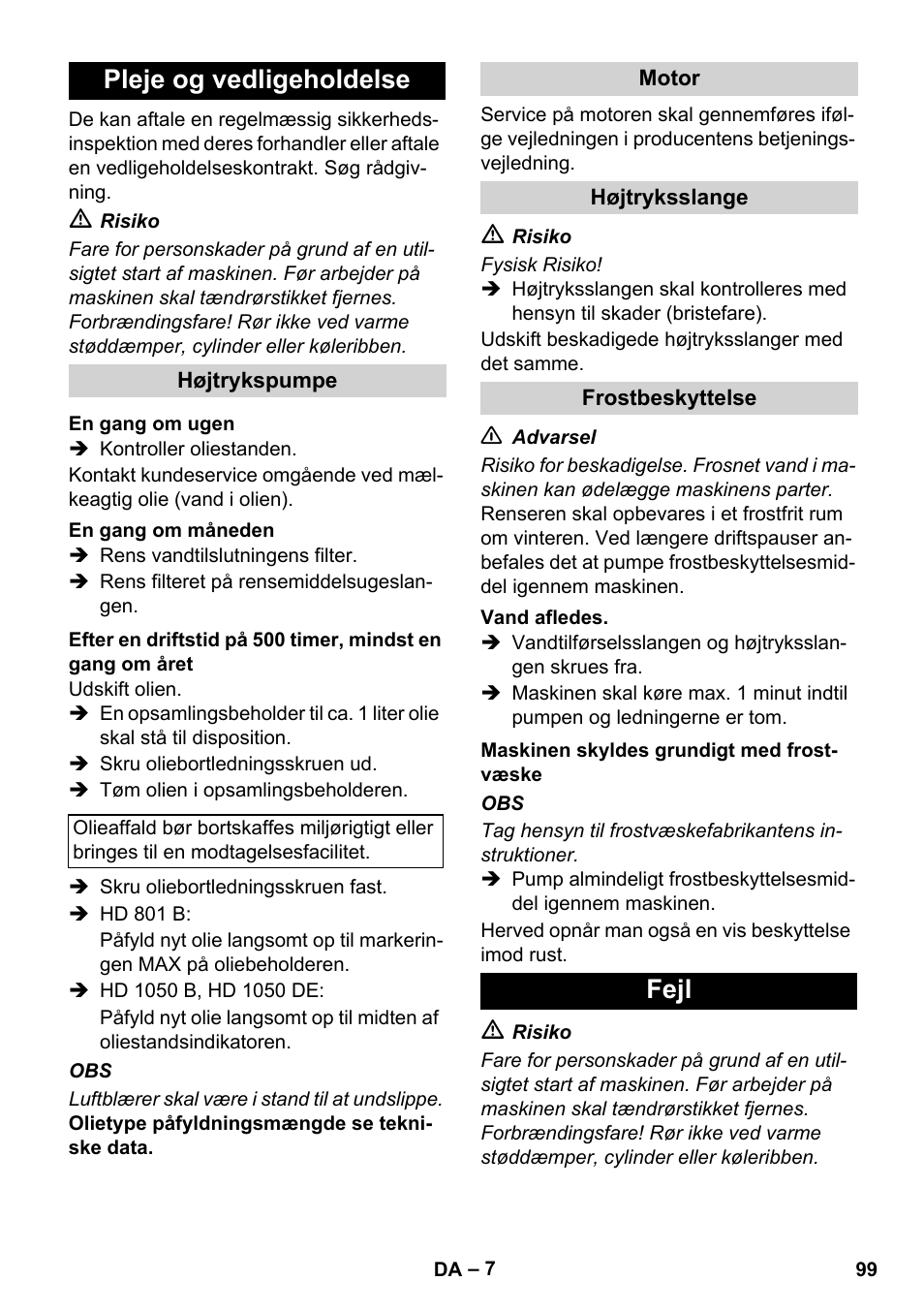 Pleje og vedligeholdelse, Fejl | Karcher HD 1050 De Cage User Manual | Page 99 / 286