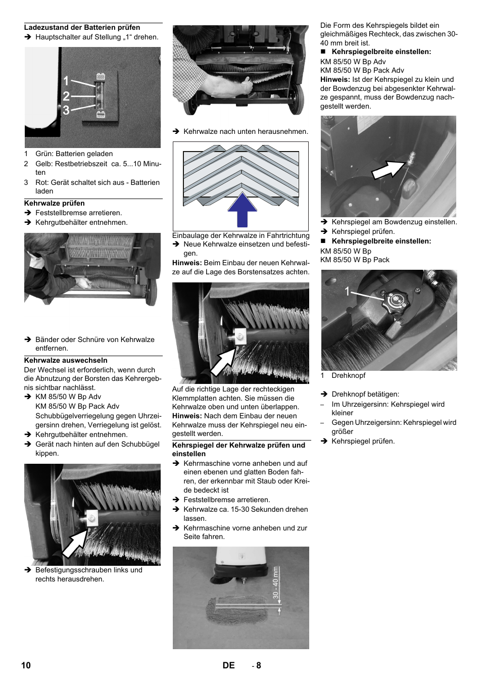 Ladezustand der batterien prüfen, Kehrwalze prüfen, Kehrwalze auswechseln | Kehrspiegel der kehrwalze prüfen und einstellen | Karcher KM 85-50 W Bp Adv User Manual | Page 10 / 336