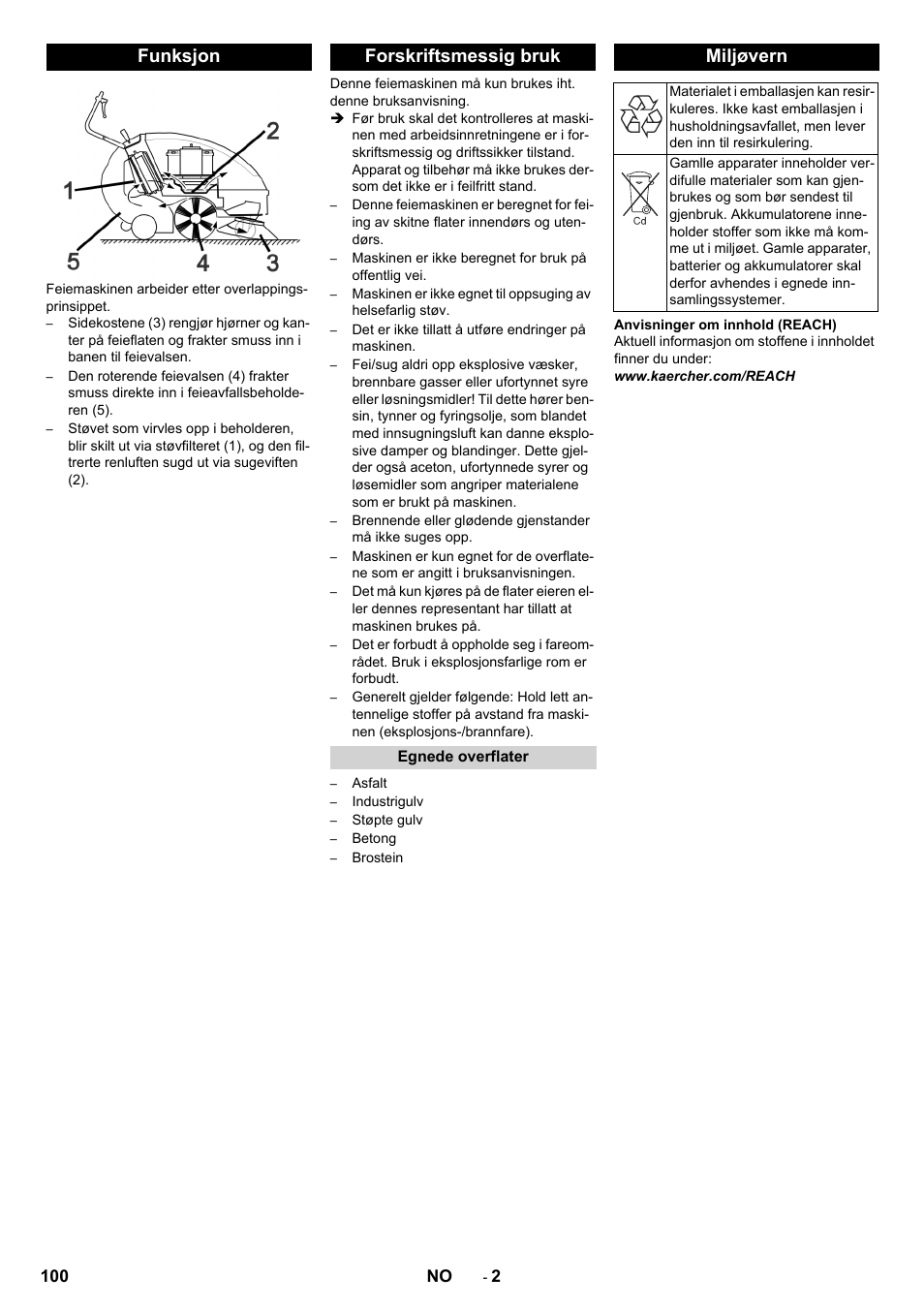 Funksjon, Forskriftsmessig bruk, Egnede overflater | Miljøvern, Funksjon forskriftsmessig bruk | Karcher KM 85-50 W Bp Adv User Manual | Page 100 / 336