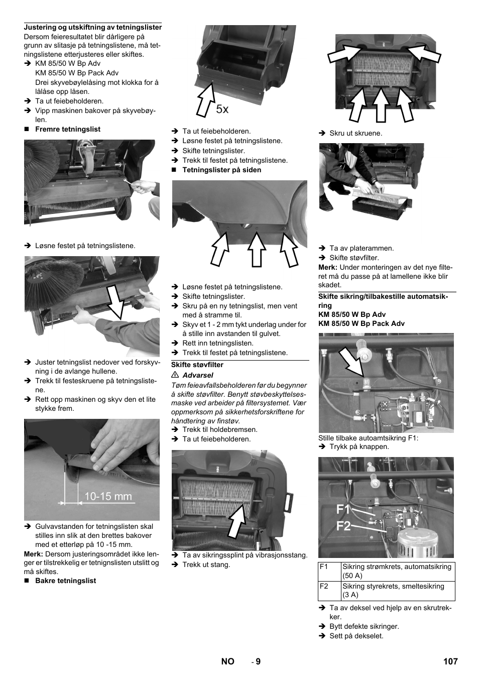 Justering og utskiftning av tetningslister, Skifte støvfilter, Skifte sikring/tilbakestille automatsikring | Karcher KM 85-50 W Bp Adv User Manual | Page 107 / 336