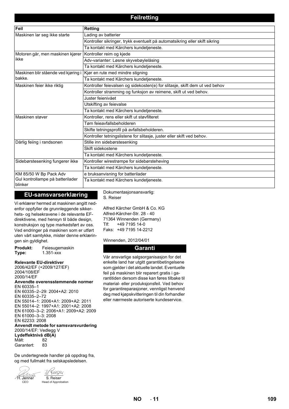 Feilretting, Eu-samsvarserklæring, Garanti | Karcher KM 85-50 W Bp Adv User Manual | Page 109 / 336