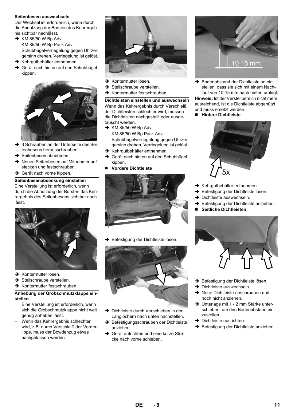 Seitenbesen auswechseln, Seitenbesenabsenkung einstellen, Anhebung der grobschmutzklappe einstellen | Dichtleisten einstellen und auswechseln | Karcher KM 85-50 W Bp Adv User Manual | Page 11 / 336