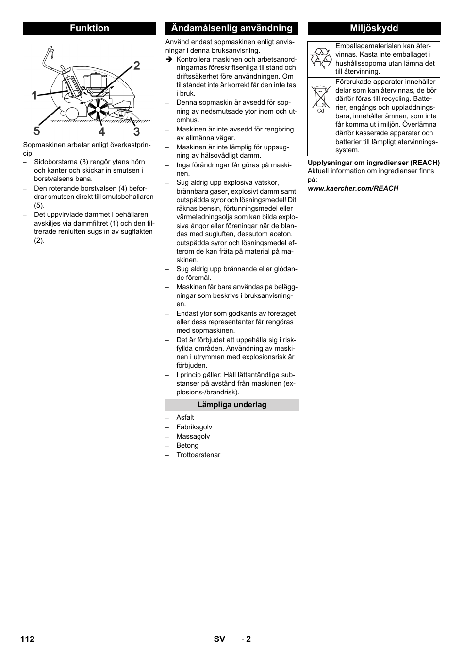 Funktion, Ändamålsenlig användning, Lämpliga underlag | Miljöskydd, Funktion ändamålsenlig användning | Karcher KM 85-50 W Bp Adv User Manual | Page 112 / 336