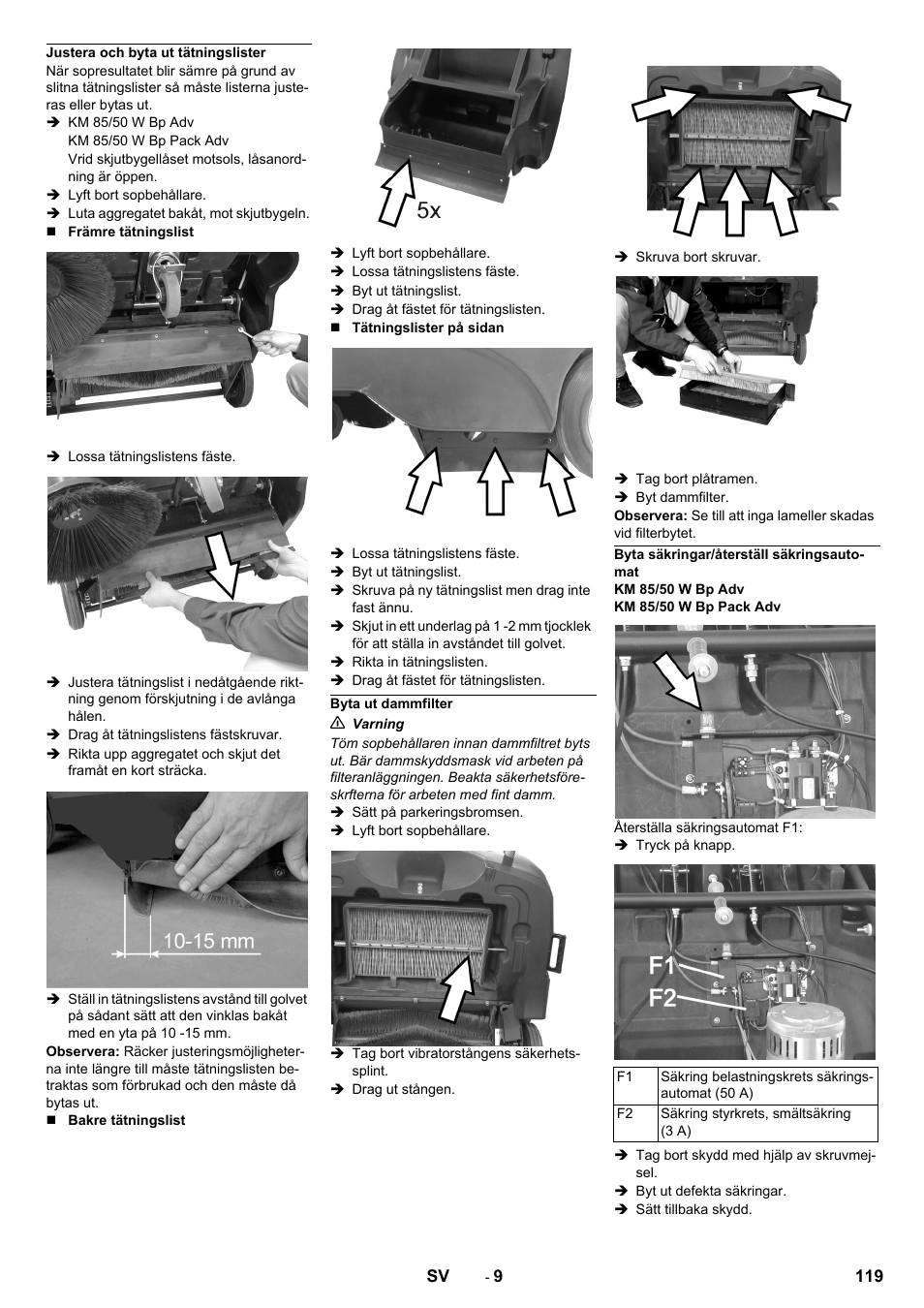 Justera och byta ut tätningslister, Byta ut dammfilter, Byta säkringar/återställ säkringsautomat | Karcher KM 85-50 W Bp Adv User Manual | Page 119 / 336
