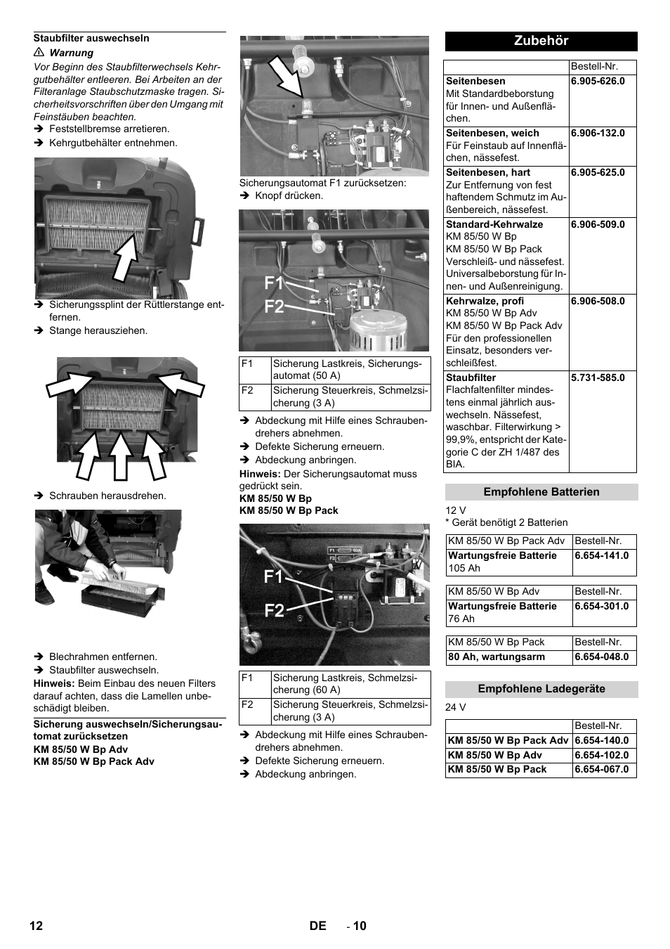 Staubfilter auswechseln, Zubehör, Empfohlene batterien | Empfohlene ladegeräte | Karcher KM 85-50 W Bp Adv User Manual | Page 12 / 336