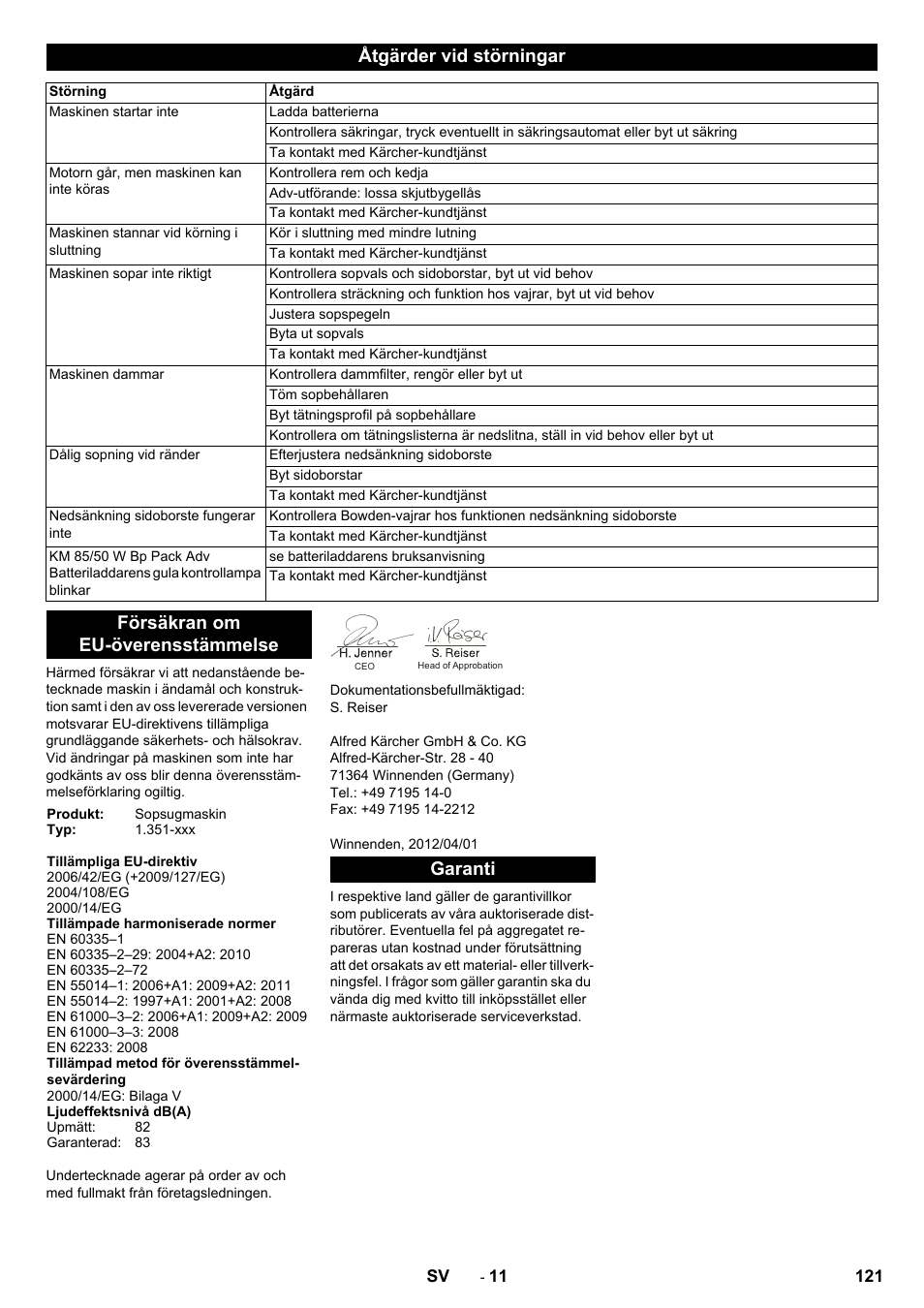 Åtgärder vid störningar, Försäkran om eu-överensstämmelse, Garanti | Karcher KM 85-50 W Bp Adv User Manual | Page 121 / 336