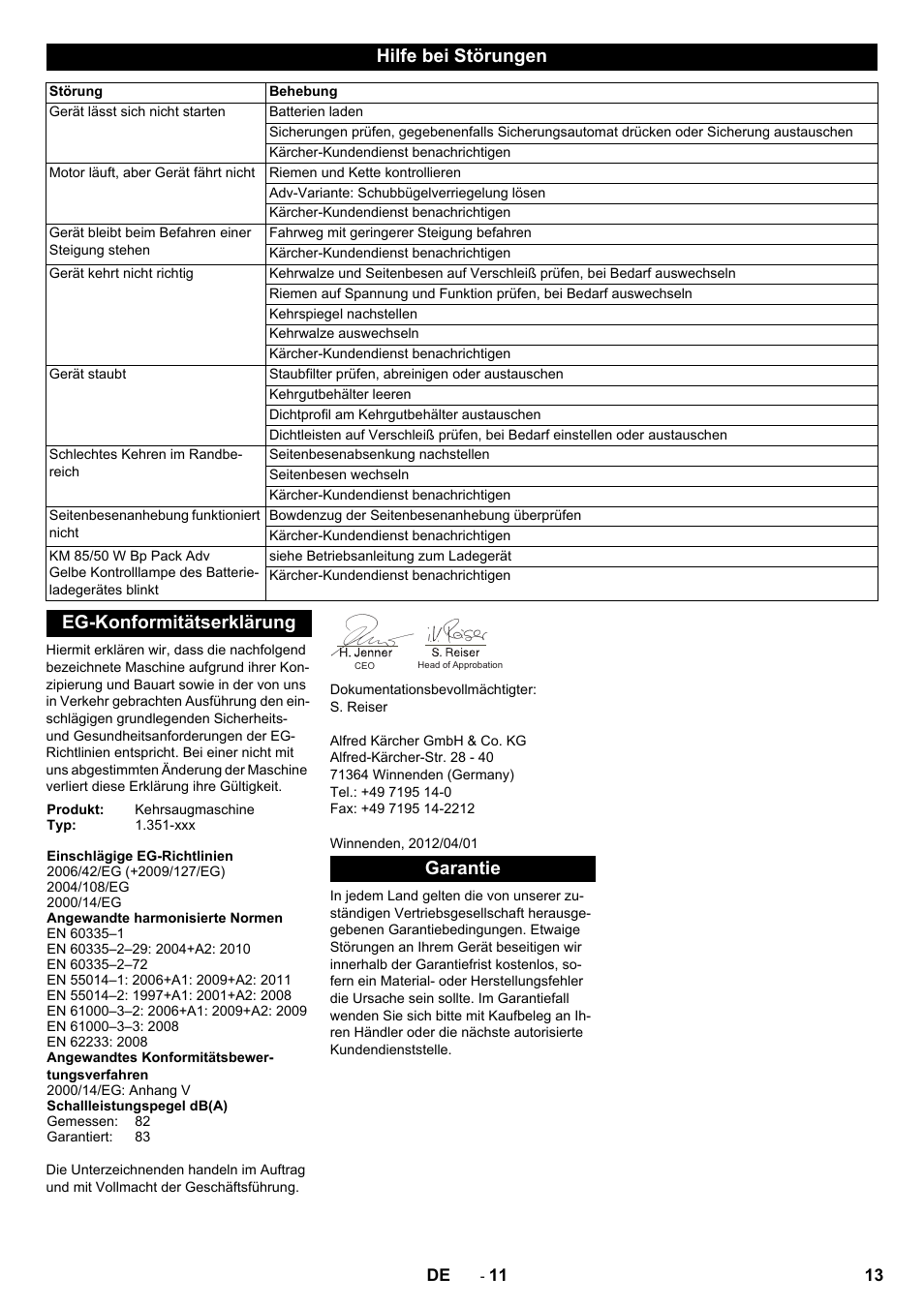 Hilfe bei störungen, Eg-konformitätserklärung, Garantie | Karcher KM 85-50 W Bp Adv User Manual | Page 13 / 336