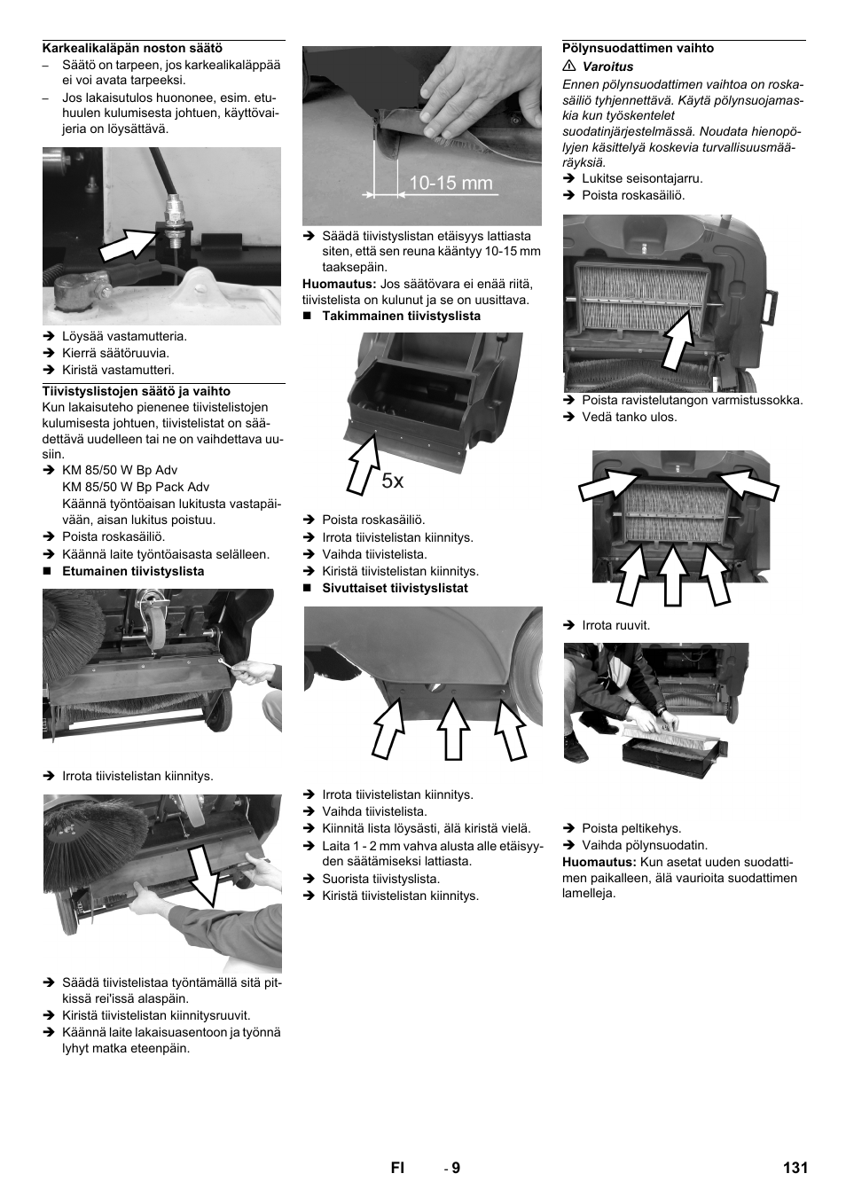 Karkealikaläpän noston säätö, Tiivistyslistojen säätö ja vaihto, Pölynsuodattimen vaihto | Karcher KM 85-50 W Bp Adv User Manual | Page 131 / 336