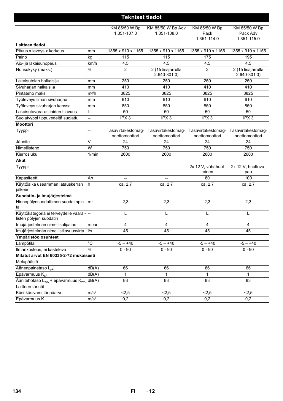 Tekniset tiedot | Karcher KM 85-50 W Bp Adv User Manual | Page 134 / 336