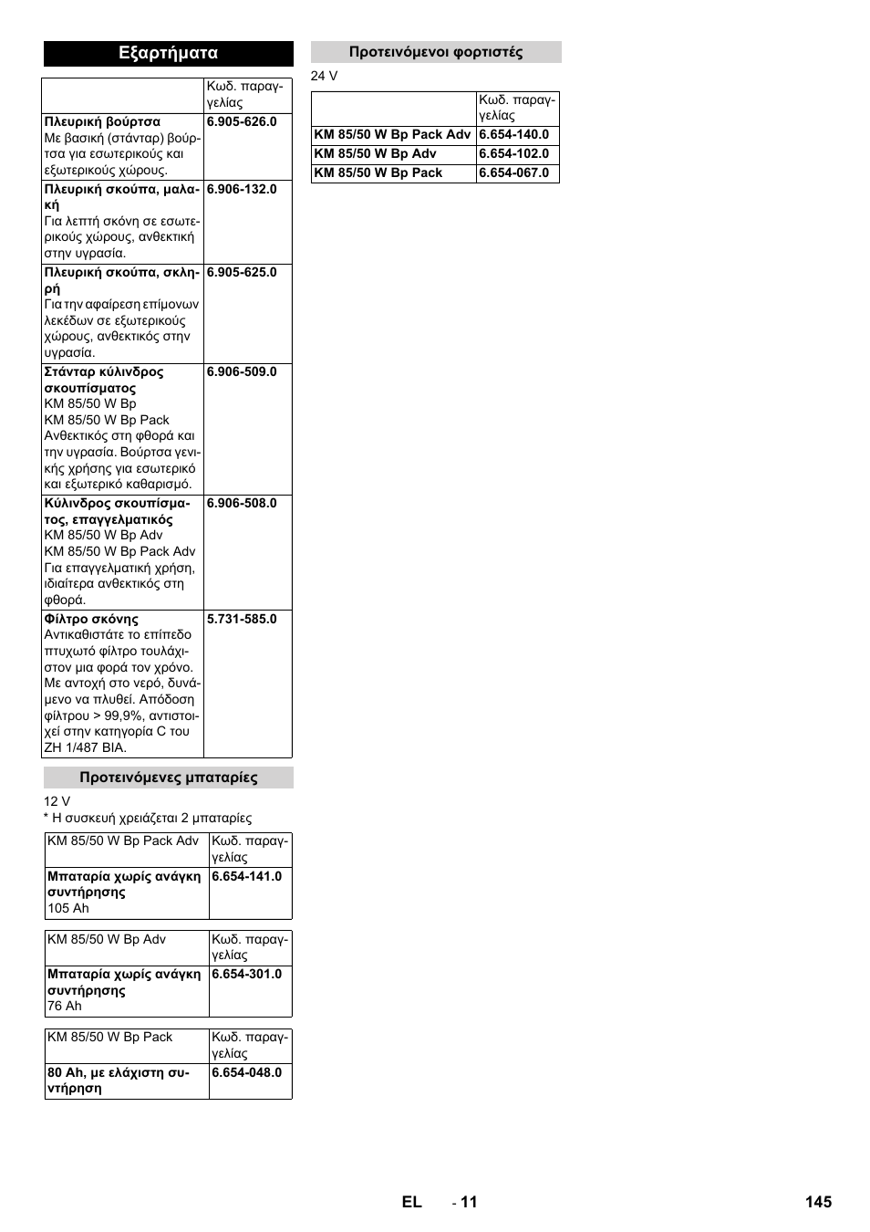 Εξαρτήματα, Προτεινόμενες μπαταρίες, Προτεινόμενοι φορτιστές | Karcher KM 85-50 W Bp Adv User Manual | Page 145 / 336