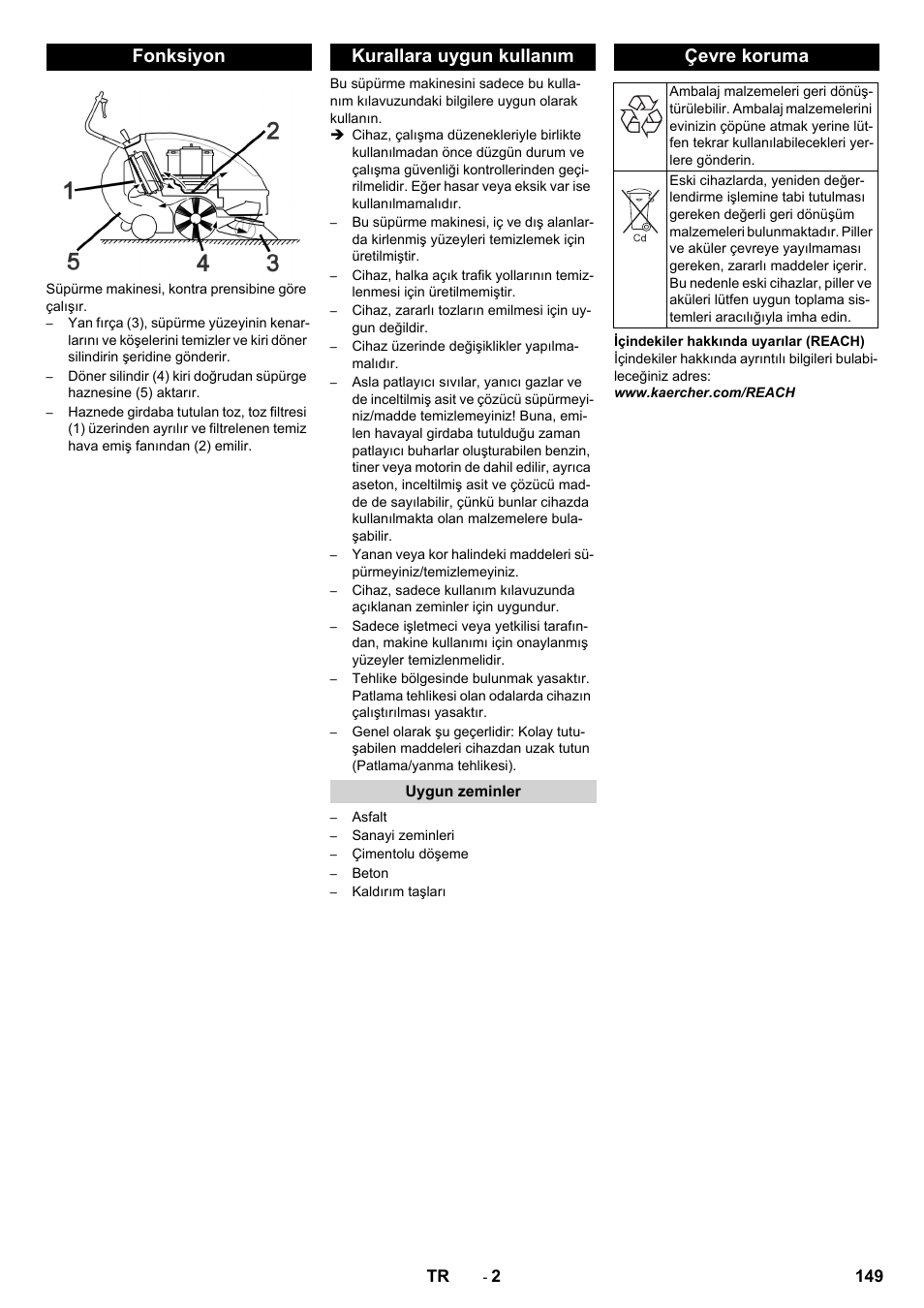 Fonksiyon, Kurallara uygun kullanım, Uygun zeminler | Çevre koruma, Fonksiyon kurallara uygun kullanım | Karcher KM 85-50 W Bp Adv User Manual | Page 149 / 336