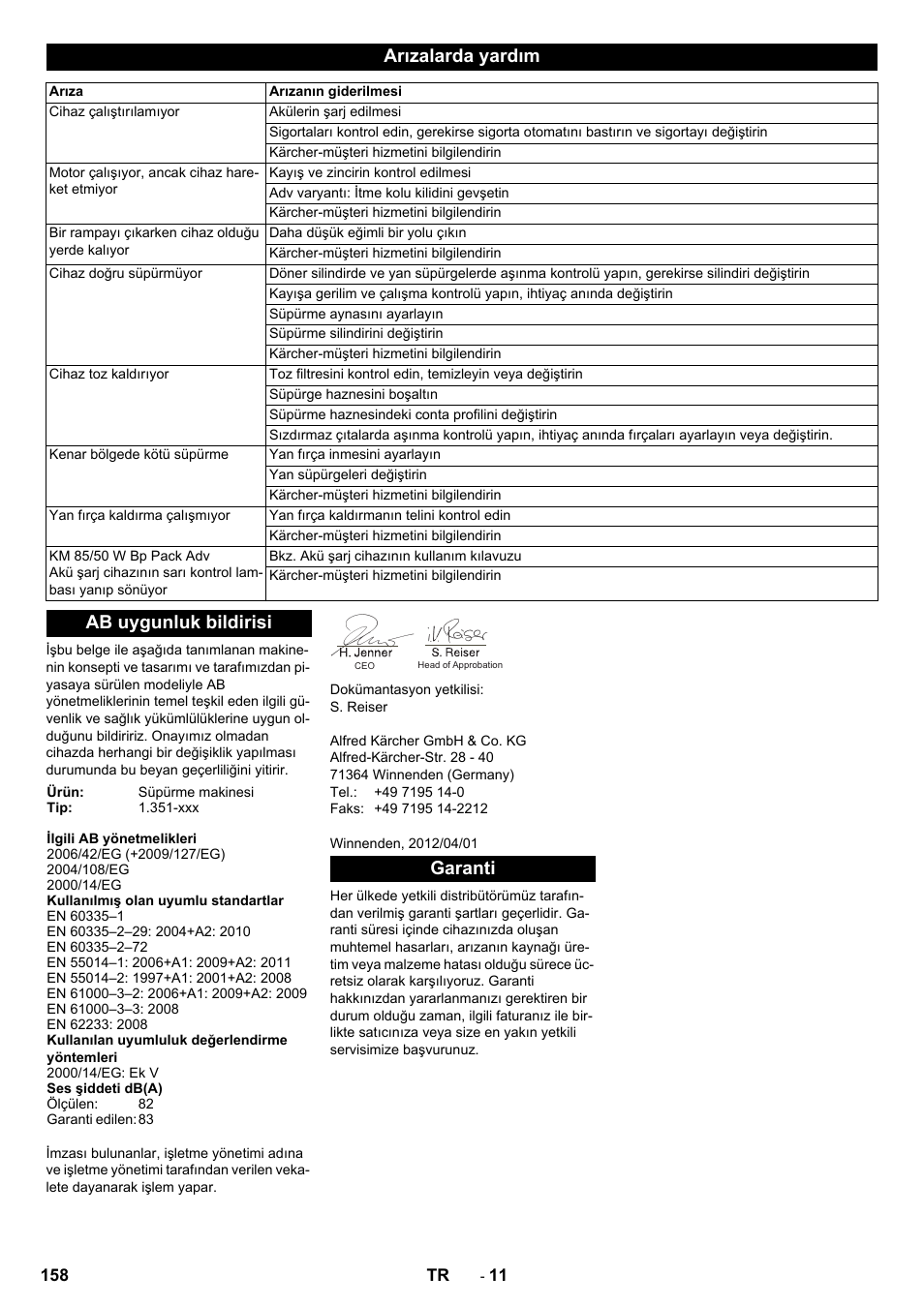 Arızalarda yardım, Ab uygunluk bildirisi, Garanti | Karcher KM 85-50 W Bp Adv User Manual | Page 158 / 336
