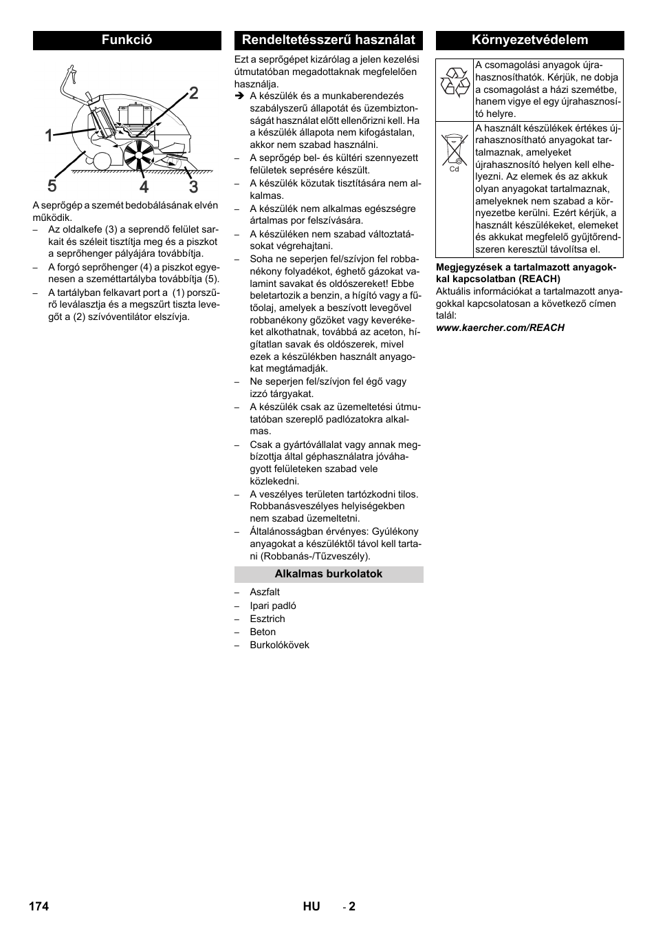 Funkció, Rendeltetésszerű használat, Alkalmas burkolatok | Környezetvédelem, Funkció rendeltetésszerű használat | Karcher KM 85-50 W Bp Adv User Manual | Page 174 / 336