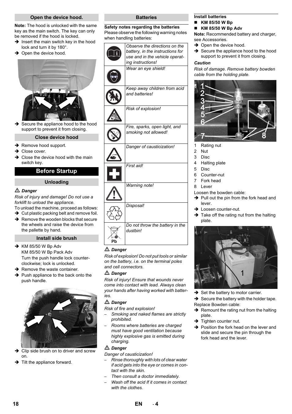 Open the device hood, Close device hood, Before startup | Unloading, Install side brush, Batteries, Safety notes regarding the batteries, Install batteries | Karcher KM 85-50 W Bp Adv User Manual | Page 18 / 336