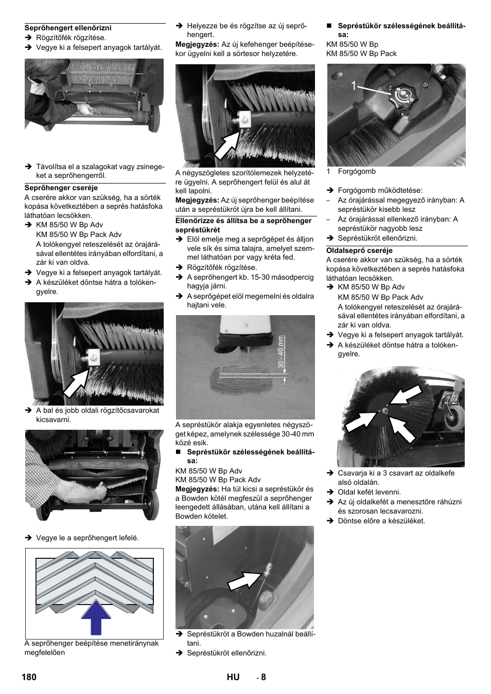 Seprőhengert ellenőrizni, Seprőhenger cseréje, Oldalseprő cseréje | Karcher KM 85-50 W Bp Adv User Manual | Page 180 / 336