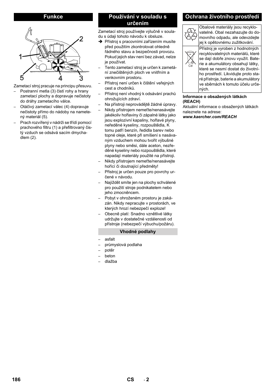 Funkce, Používání v souladu s určením, Vhodné podlahy | Ochrana životního prostředí, Funkce používání v souladu s určením | Karcher KM 85-50 W Bp Adv User Manual | Page 186 / 336