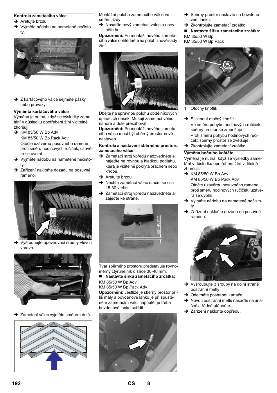 Kontrola zametacího válce, Výměnta kartáčového válce, Výměna bočního koštěte | Karcher KM 85-50 W Bp Adv User Manual | Page 192 / 336