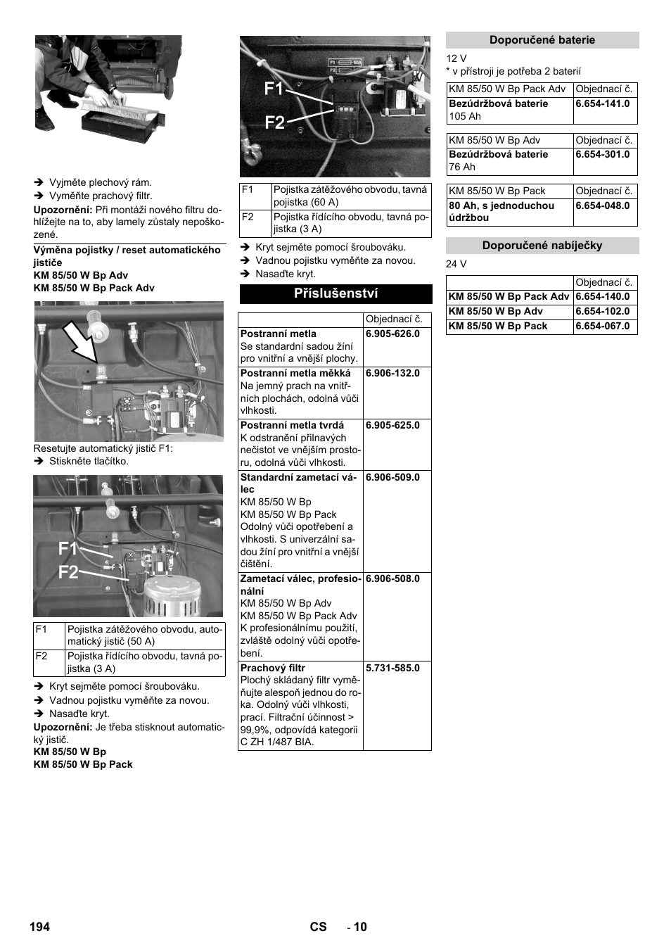 Výměna pojistky / reset automatického jističe, Příslušenství, Doporučené baterie | Doporučené nabíječky | Karcher KM 85-50 W Bp Adv User Manual | Page 194 / 336