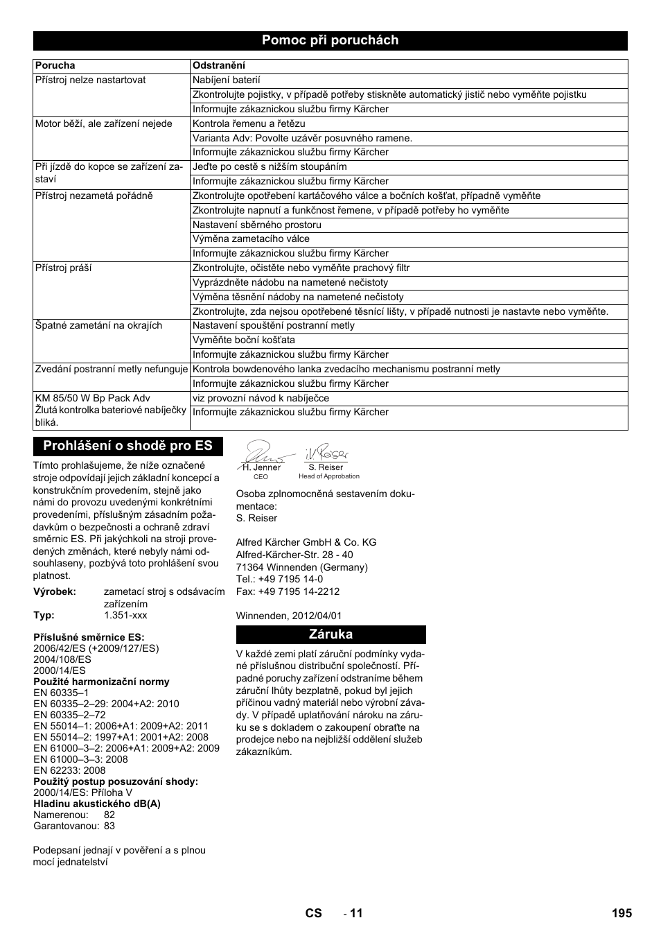 Pomoc při poruchách, Prohlášení o shodě pro es, Záruka | Karcher KM 85-50 W Bp Adv User Manual | Page 195 / 336