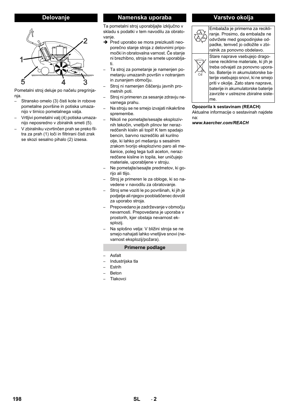 Delovanje, Namenska uporaba, Primerne podlage | Varstvo okolja, Delovanje namenska uporaba | Karcher KM 85-50 W Bp Adv User Manual | Page 198 / 336