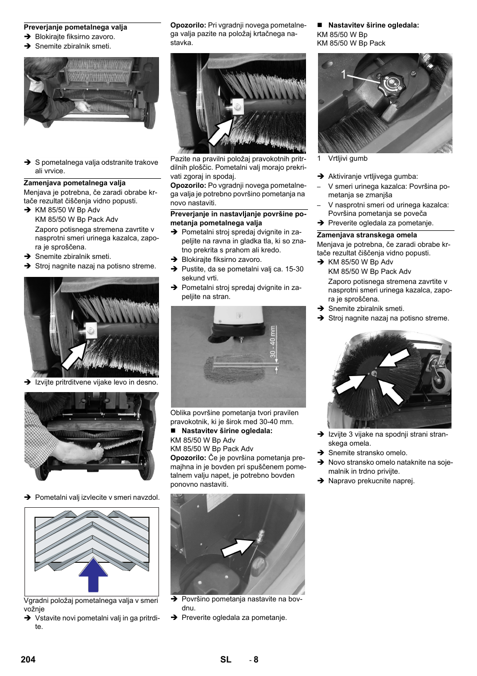 Preverjanje pometalnega valja, Zamenjava pometalnega valja, Zamenjava stranskega omela | Karcher KM 85-50 W Bp Adv User Manual | Page 204 / 336