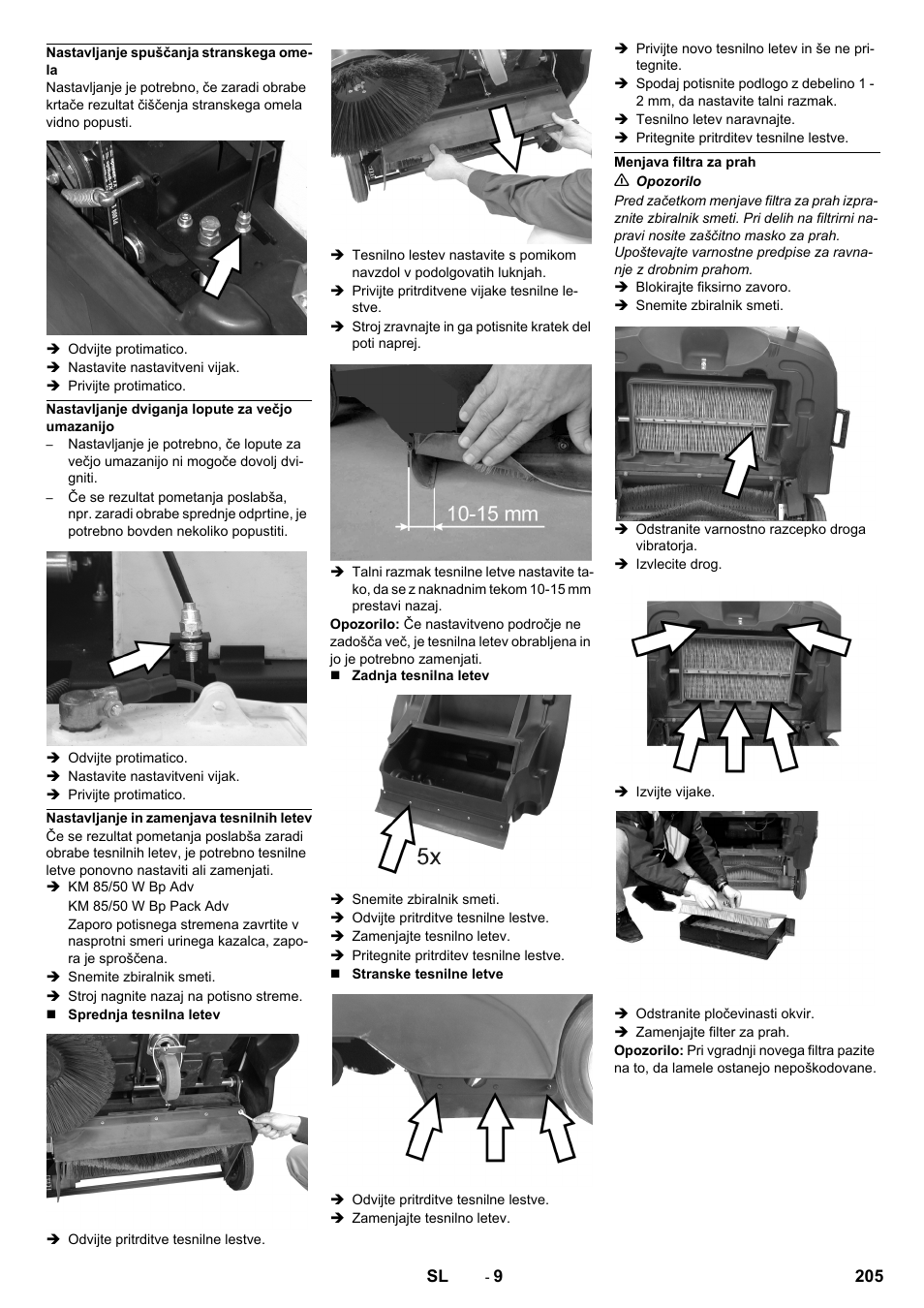 Nastavljanje spuščanja stranskega omela, Nastavljanje dviganja lopute za večjo umazanijo, Nastavljanje in zamenjava tesnilnih letev | Menjava filtra za prah | Karcher KM 85-50 W Bp Adv User Manual | Page 205 / 336