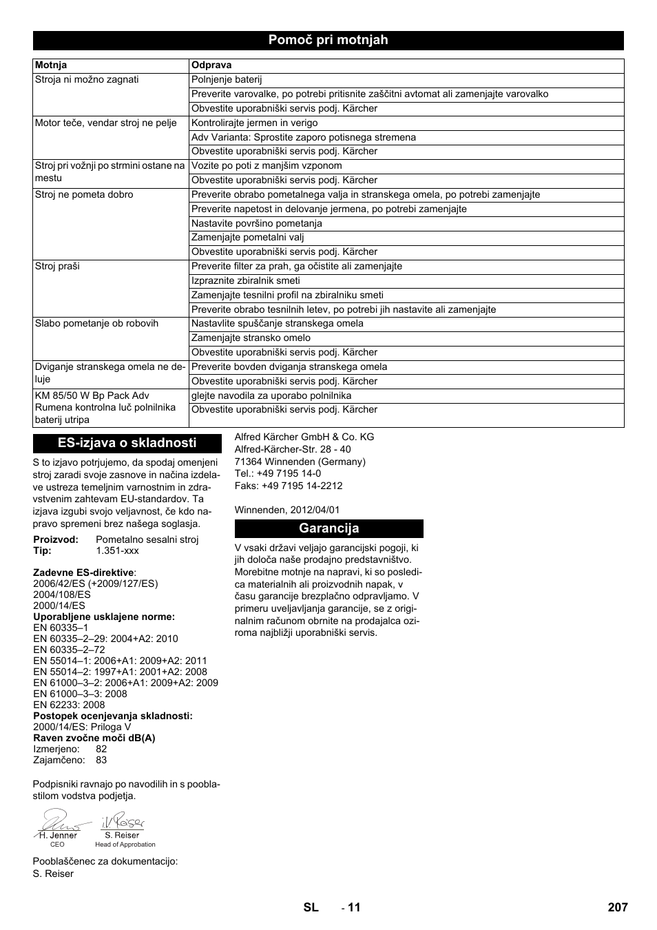 Pomoč pri motnjah, Es-izjava o skladnosti, Garancija | Karcher KM 85-50 W Bp Adv User Manual | Page 207 / 336